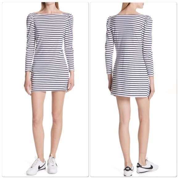 A.L.C. 100% cotton Navy & White Nautical Stipe Bateau Neck 3/4 Sleeve Dress US L - Picture 3 of 9